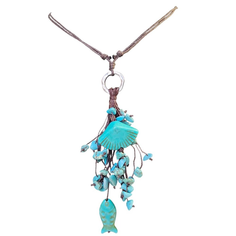 Bohemian Turquoise Fish & Shell Pendant Necklace‎ 18"-36" Beach-Inspired